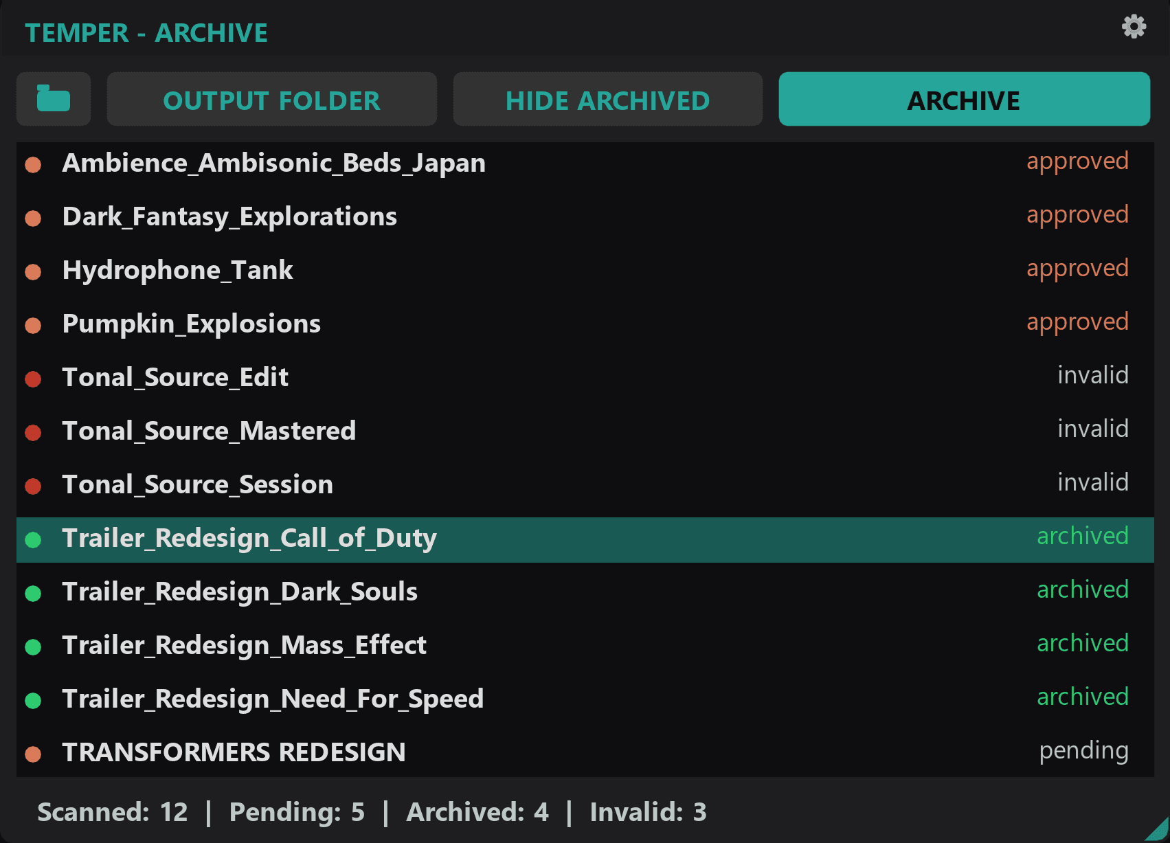 Temper Archive interface